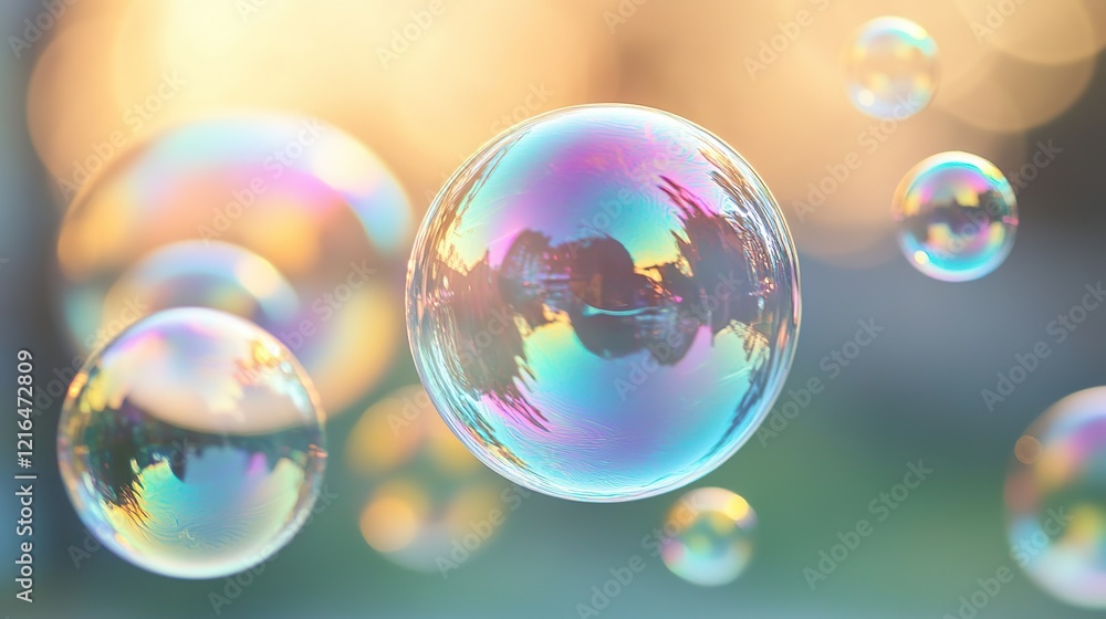 Floating soap bubbles with iridescent colors and reflections, creating a dreamy and playful atmosphere. Floating soap bubbles with iridescent colors and reflections, creating a dreamy and playful atmosphere.