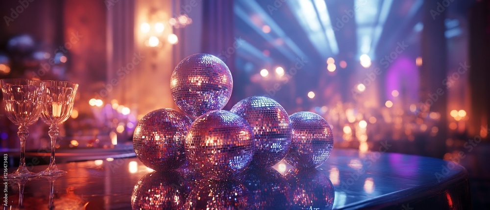 Disco balls on table at party, blurred people in background, for celebration decor Disco balls on table at party, blurred people in background, for celebration decor