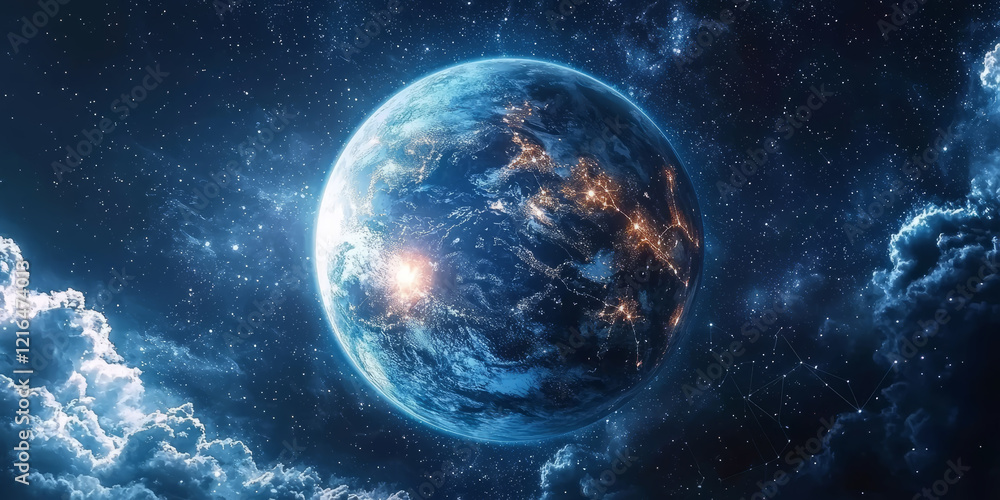 A blue planet covered with clouds and shimmering seas, with bright constellations twinkling in the background A blue planet covered with clouds and shimmering seas, with bright constellations twinkling in the background