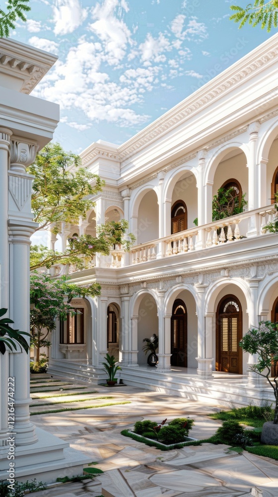 Fototapeta premium White Greek Revival house architecture neoclassical gardens
