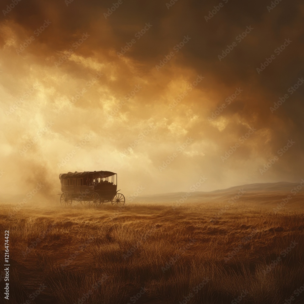 Naklejka premium Stagecoach Journey Across a Dusty Plains Landscape