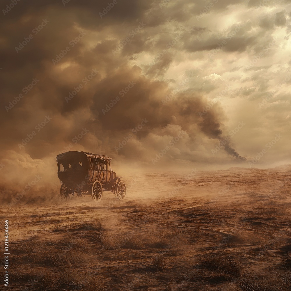 Fototapeta premium Antique Carriage Journey Across Dusty Desert Landscape