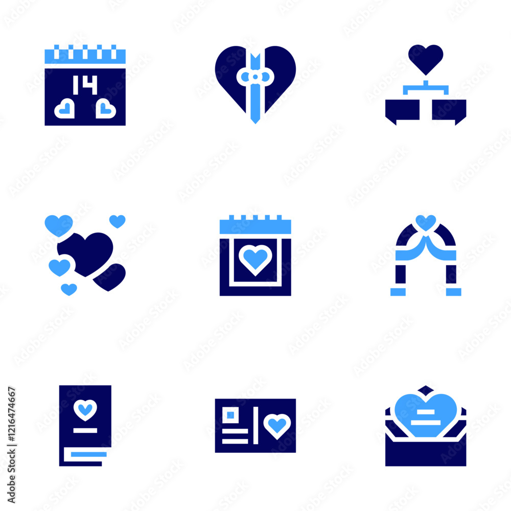 Valentine's Day icon set. Bold style. Duotone colors. wedding arch, book, chat, letter, postcard, romantic date, heart, valentines day, gift box Valentine's Day icon set. Bold style. Duotone colors. wedding arch, book, chat, letter, postcard, romantic date, heart, valentines day, gift box