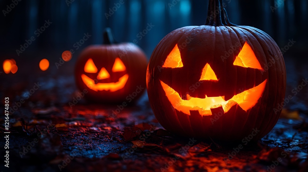 Lighted Jack-o'-lantern in a Dark Forest with Blurry Background Lighted Jack-o'-lantern in a Dark Forest with Blurry Background