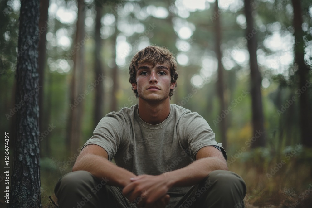 A Man Contemplating Life While Sitting in a Serene Woods Setting Perfect for Nature and Meditation. A Man Contemplating Life While Sitting in a Serene Woods Setting Perfect for Nature and Meditation.