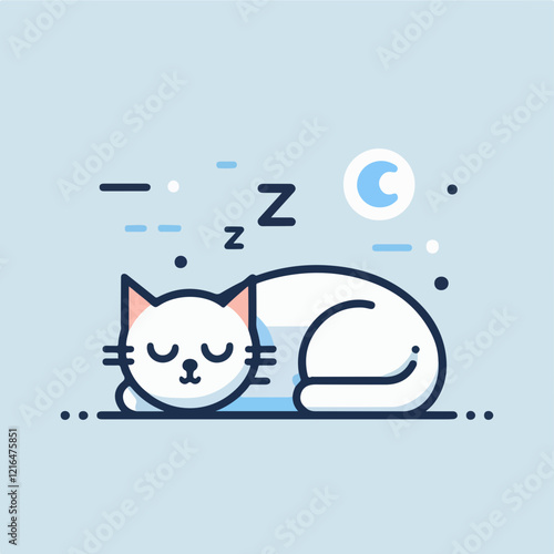 Sleeping Cat Illustration: A minimalist and adorable illustration of a white cat peacefully asleep with a crescent moon and Zzz's above, perfect for representing a sense of relaxation and calm. 