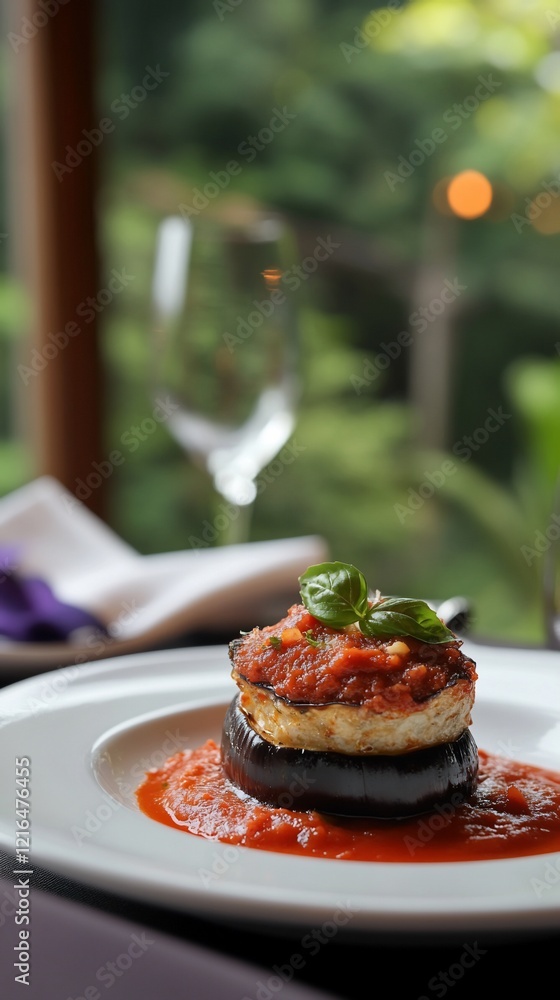 Eggplant Stack With Tomato Sauce at Restaurant, Forest View Background, Food Stock Eggplant Stack With Tomato Sauce at Restaurant, Forest View Background, Food Stock