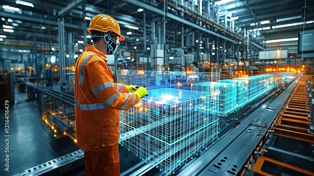 Worker in orange safety gear uses technology in a modern warehouse setting at night Worker in orange safety gear uses technology in a modern warehouse setting at night