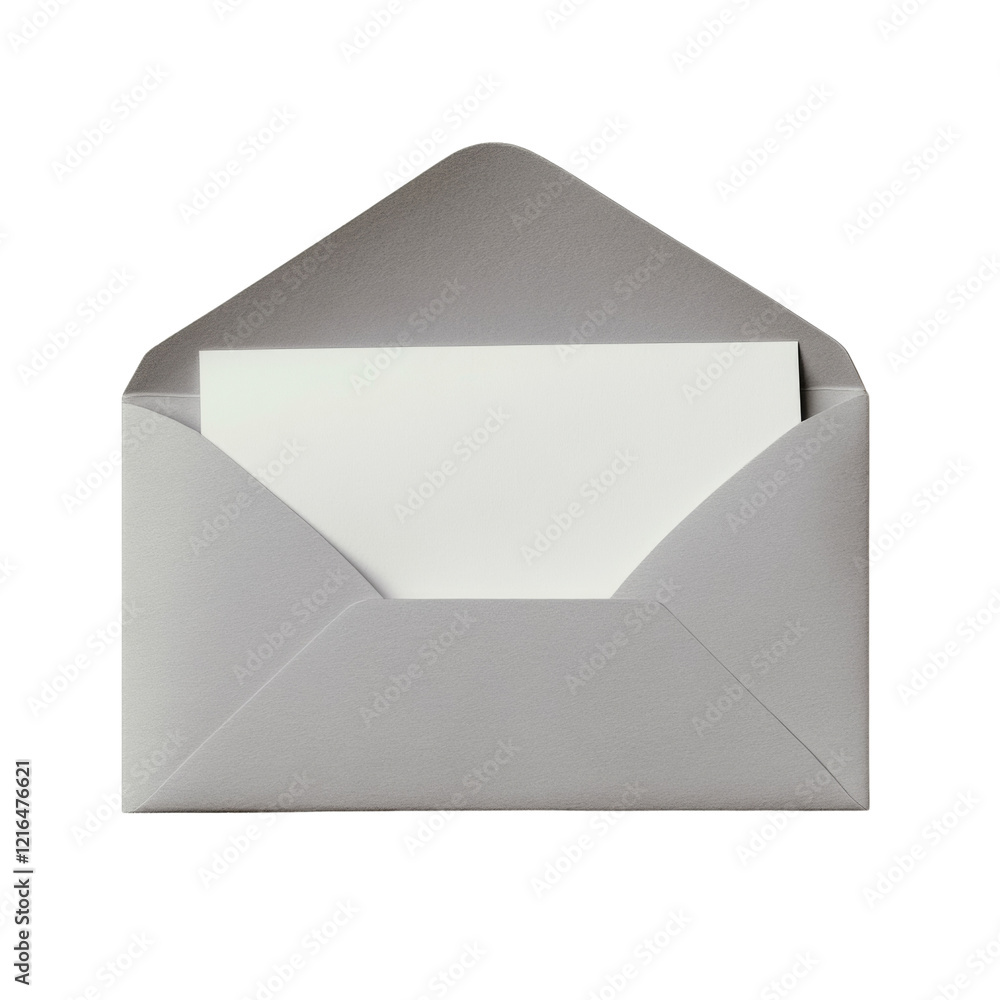 A slightly opened grey envelope displays a blank white card inside against a black background. A slightly opened grey envelope displays a blank white card inside against a black background.