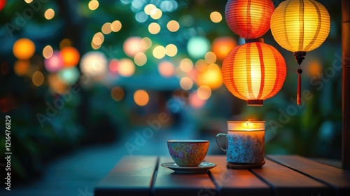 A cozy outdoor dining area illuminated by colorful paper lanterns in shades of orange,