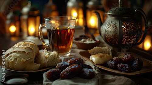 Warm scene featuring tea, dates, and bread, illuminated by lante photo