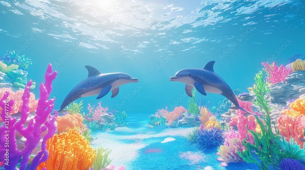 Two Dolphins Dancing in a Vibrant Coral Reef Two Dolphins Dancing in a Vibrant Coral Reef