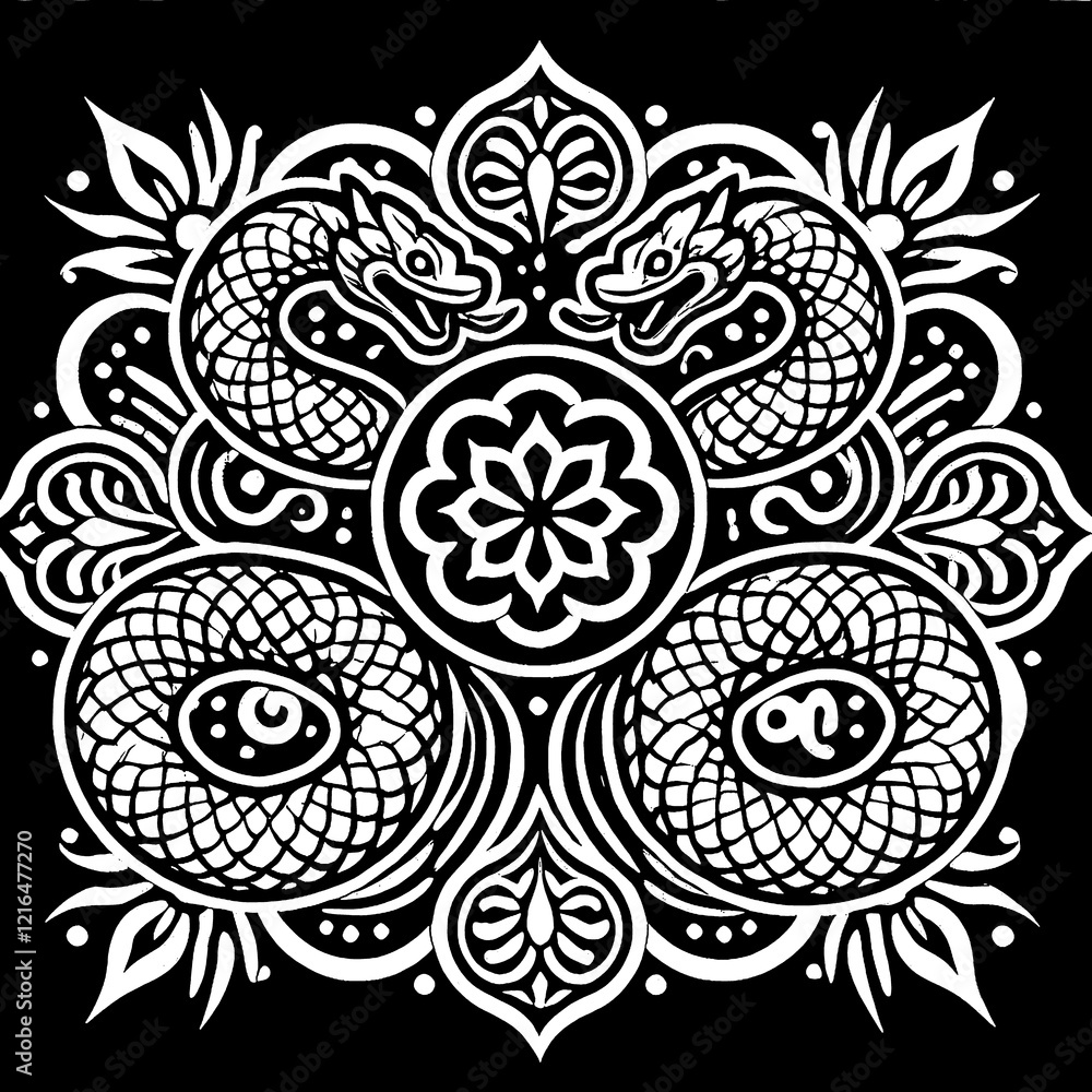 illustration, picture, sketch, shio, a snake in a symbol or emblem of the year in black and white illustration, picture, sketch, shio, a snake in a symbol or emblem of the year in black and white