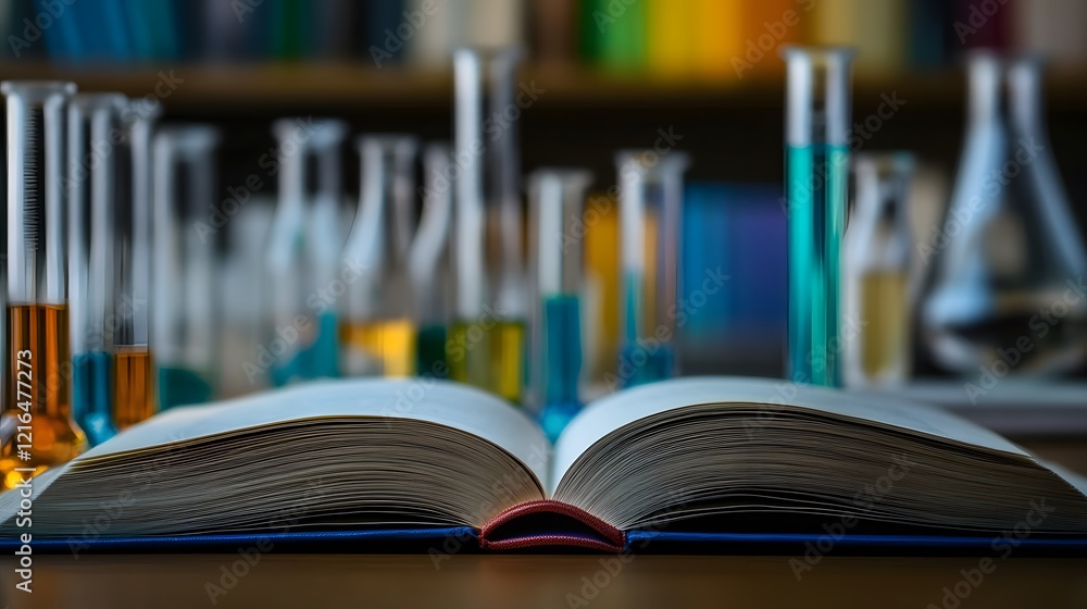 Open book rests on table with laboratory glassware in background Open book rests on table with laboratory glassware in background