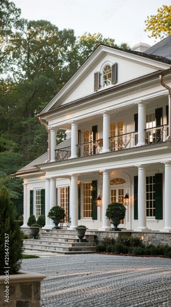 Classic colonial house facade with pathway garden Classic colonial house facade with pathway garden