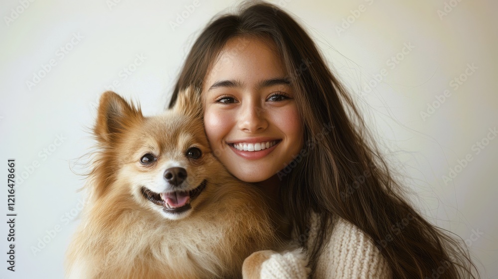 Happy Girl with Cute Dog in Cozy Setting Happy Girl with Cute Dog in Cozy Setting
