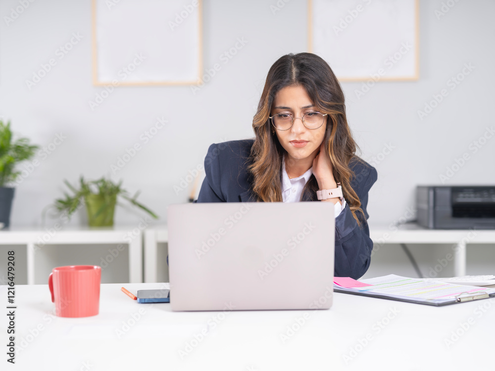 Busy business woman, front view portrait of young elegant busy business woman using laptop in corporate office sitting desk. Executive female worker manager focused thinking on project. Busy business woman, front view portrait of young elegant busy business woman using laptop in corporate office sitting desk. Executive female worker manager focused thinking on project.