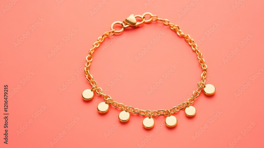 A gold charm bracelet with small pendants on a coral background. A gold charm bracelet with small pendants on a coral background.
