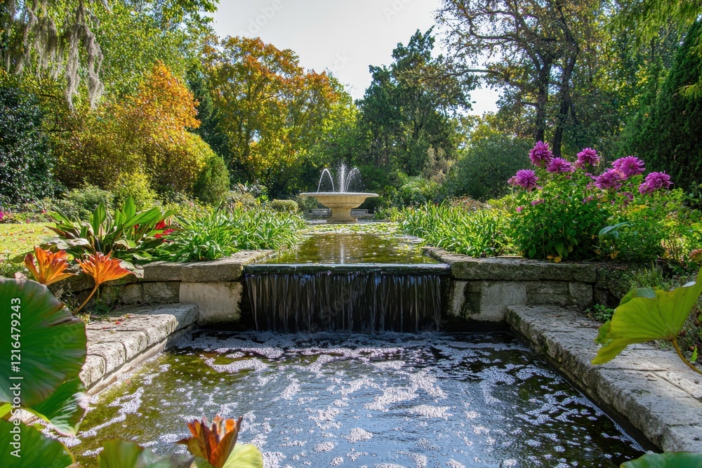 Fototapeta premium Beautiful garden fountain surrounded by colorful plants in a sunny afternoon setting