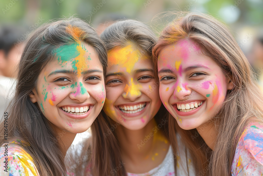 Fototapeta premium Happy indian women celebrating holi festival with colorful powder
