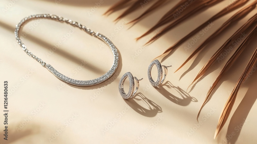 Naklejka premium A set of matching silver necklaces and earrings on a gradient beige background.
