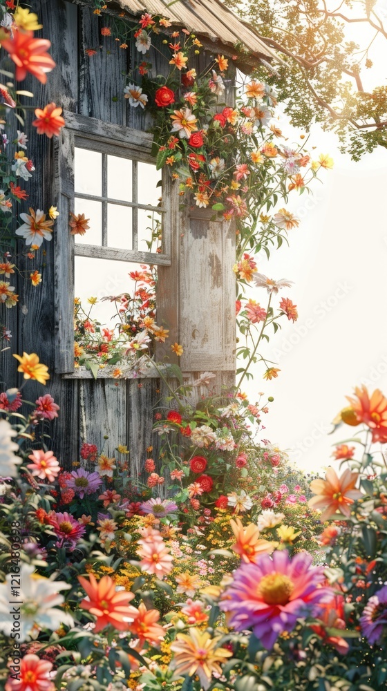 Naklejka premium wooden cottage with many flowers