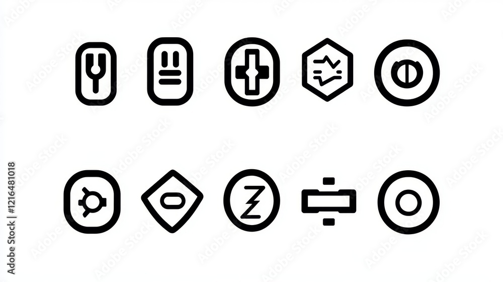 95.A modern vector illustration of a series of power symbols in bold black lines and fills, showcasing toggled-on and toggled-off states with clean, geometric precision. 95.A modern vector illustration of a series of power symbols in bold black lines and fills, showcasing toggled-on and toggled-off states with clean, geometric precision.