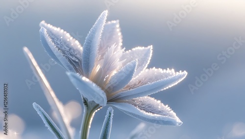 A frost covered flower blossoms in winter sunlight photo