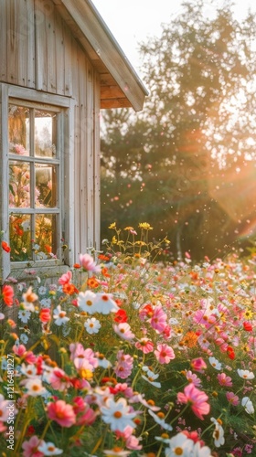 Wallpaper Mural wooden cottage with many flowers Torontodigital.ca