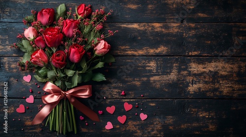 Valentines Day bouquet of vibrant red roses and pink tulips tied with a satin ribbon placed on a rustic wooden table with delicate heart shaped confetti scattered around photo