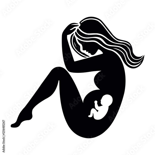 Pregnancy icon. Vector illustration, Black silhouette of pregnant woman.