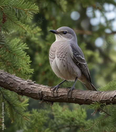 A northern mockingbird perched on a curved branch of a loblolly pine tree, pine tree, birdsong, dorchester county photo