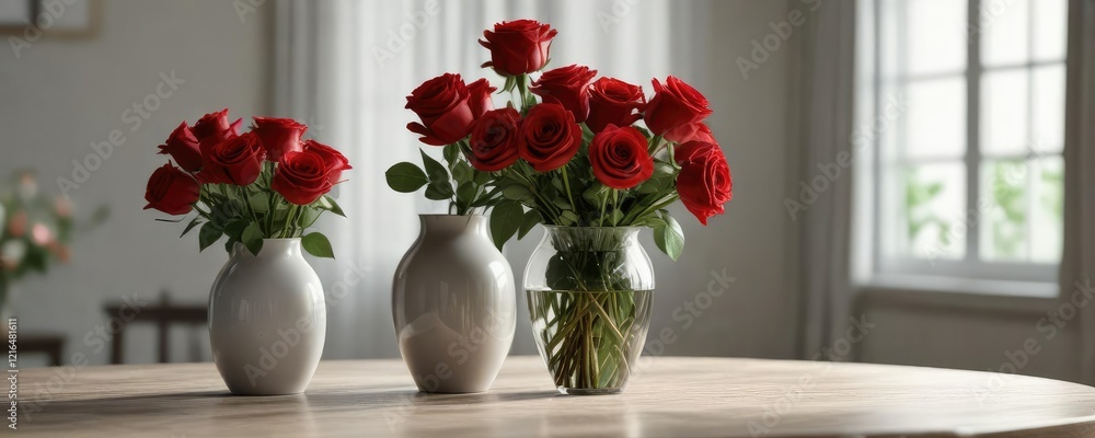 Fototapeta premium A pair of red roses in a vase on a dining table , romance, home decor, kitchen decor