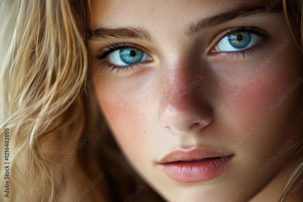 Fototapeta premium Young person with striking blue eyes and natural beauty close-up in soft natural light