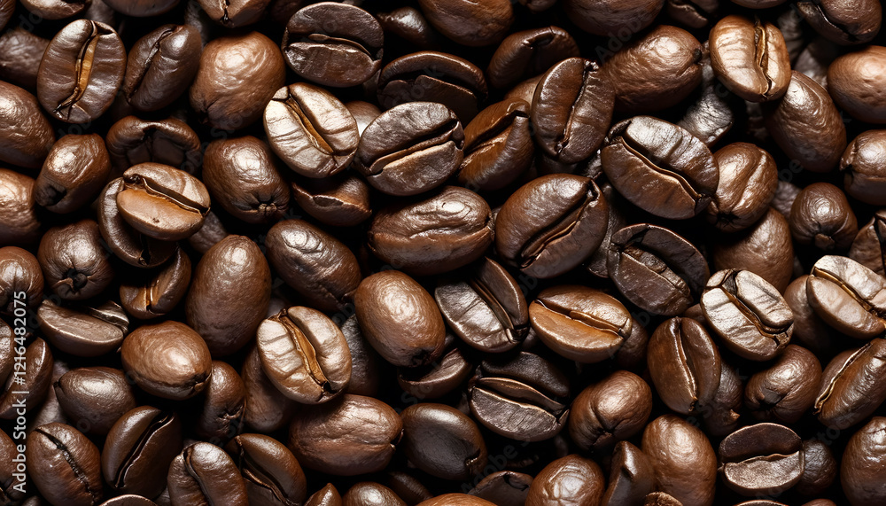 Obraz premium Close-up of roasted coffee beans, perfect for coffee shop promotions. A high-resolution close-up view of numerous roasted coffee beans
