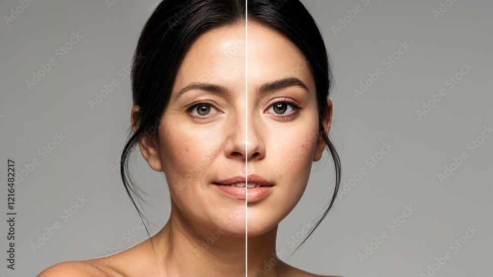 Age comparison concept. Same face portrait young and aged. Face split of an old and young women for olding revealing. Comparing mother and daughter. Age comparison concept. Same face portrait young and aged. Face split of an old and young women for olding revealing. Comparing mother and daughter.