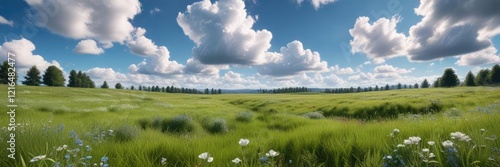 A picturesque meadow under a bright blue sky with fluffy white clouds, bright blue sky, pictureque meadow, fluffy white clouds photo