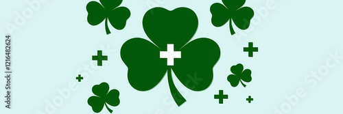 A paper cut-out style illustration of a creative minimalist Saint Patrick's Day poster design. There is a large green shamrock with a white plus sign inside it. There are smaller green shamrocks