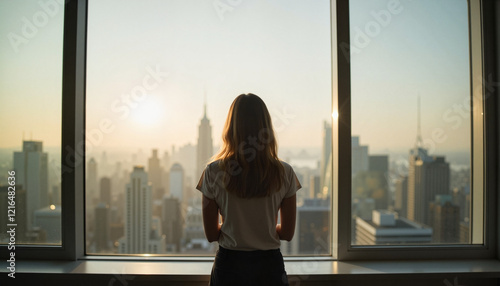 Contemplative woman gazing out large window at cityscape, morning light Free Download Contemplative woman gazing out large window at cityscape, morning light - GFXLoad