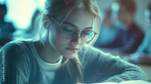 Contemplative Student with Blue Light Special Effect photo