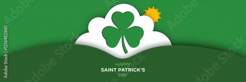 A creative minimalist Saint Patrick's Day poster design with a paper cut-out theme. The design features a large green shamrock, a small yellow sun, and a large white text