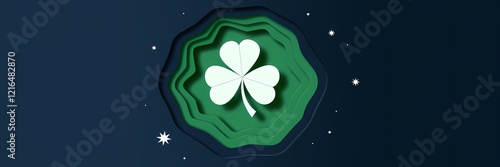 A creative minimalist Saint Patrick's Day poster design with a paper cut-out theme. There is a large white shamrock with green leaves. The background is a dark blue. 