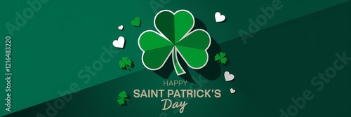 A creative minimalist Saint Patrick's Day poster design with a paper cut-out theme. There is a large shamrock made of paper cut-outs. The background is a deep green colour. 