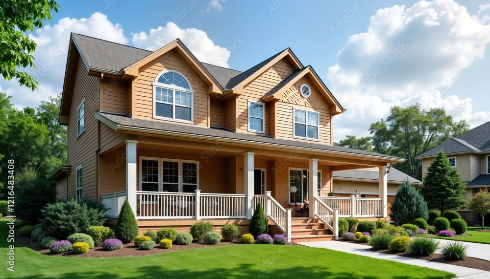 Suburban home with large front porch, well-maintained lawn. Landscaped yard features shrubs, flowers. Sunny daytime scene under partly cloudy sky. Home exterior light orange-brown. Beautiful Suburban home with large front porch, well-maintained lawn. Landscaped yard features shrubs, flowers. Sunny daytime scene under partly cloudy sky. Home exterior light orange-brown. Beautiful