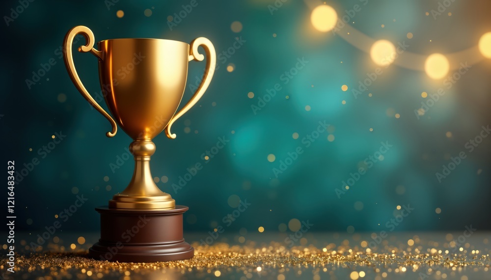 Golden trophy stands on dark brown base. Teal background with golden glitter, lights creates celebratory atmosphere. Image ideal for success victory, achievement. Background setting provides copy Golden trophy stands on dark brown base. Teal background with golden glitter, lights creates celebratory atmosphere. Image ideal for success victory, achievement. Background setting provides copy