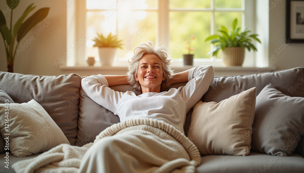 Relaxed woman lounging on a modern sofa in cozy living room, comfort Relaxed woman lounging on a modern sofa in cozy living room, comfort