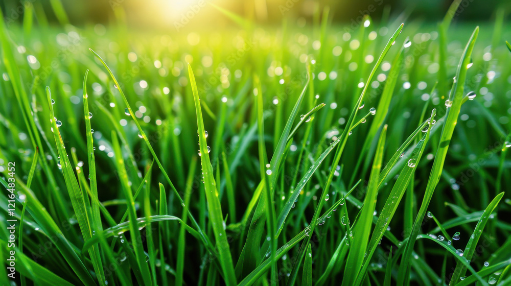Fototapeta premium Dew-kissed Grass in the Morning Sunlight