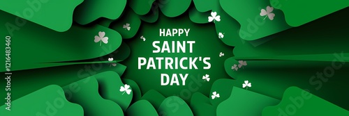 A creative minimalist Saint Patrick's Day poster design with a paper cut-out theme. The poster has a green background with white text that says 