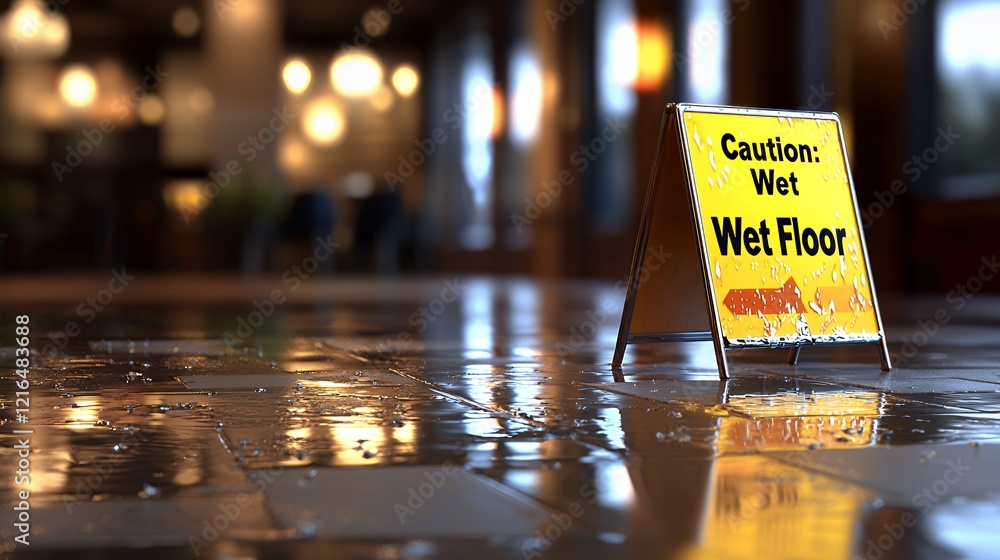 Obraz premium Caution: Wet Floor Sign in a Rainy Interior