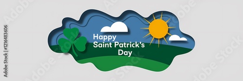 A creative minimalist Saint Patrick's Day poster design with a paper cut-out theme. The design features a green shamrock, a yellow sun, and a blue sky. The text 
